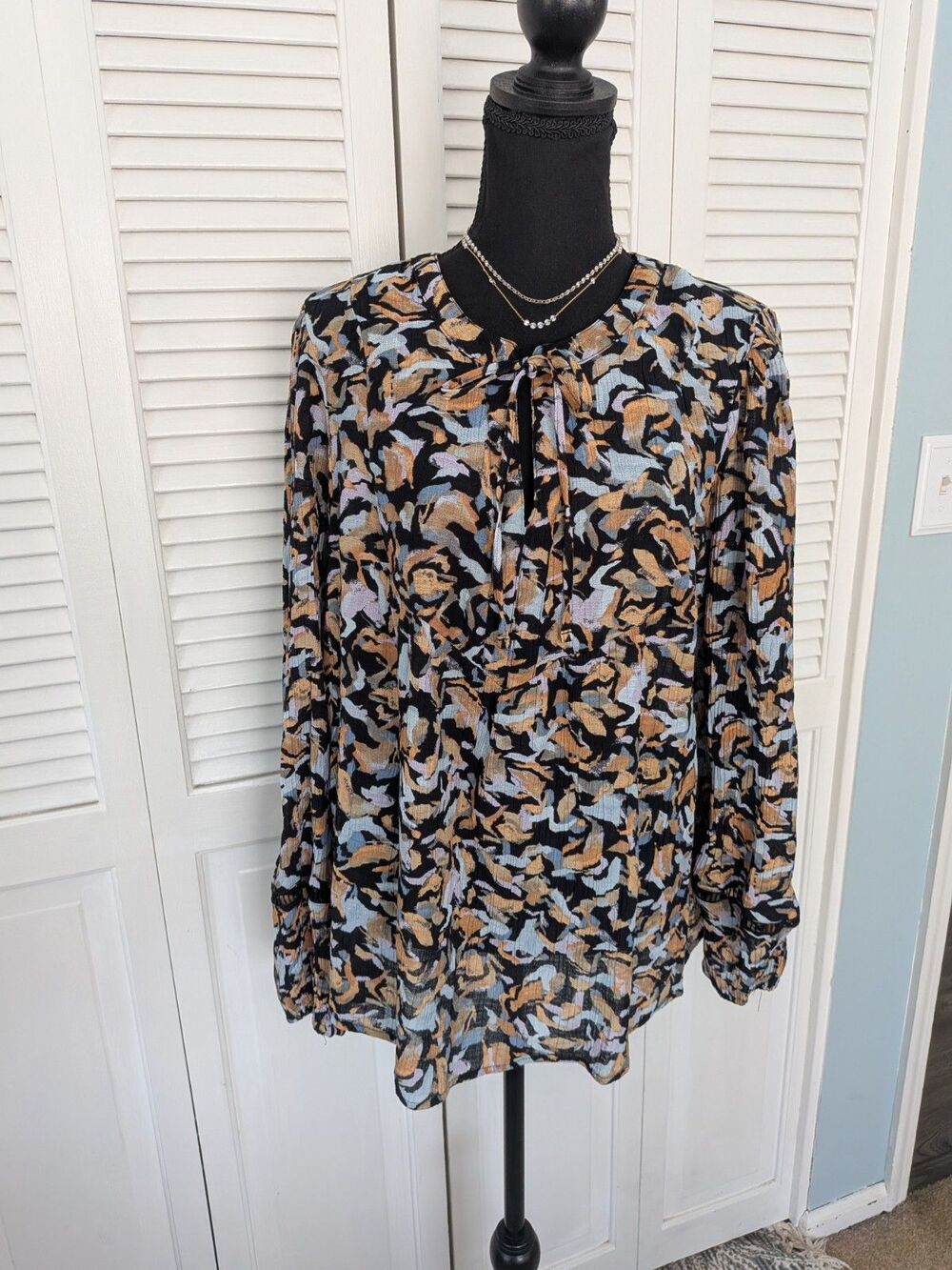 Zac & Rachel Blouse Women XL Multicolor Geo Peasant Boho Top Crochet Art To Wear